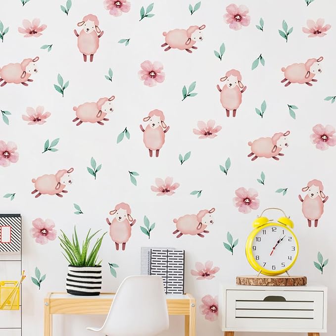 5 Sheets Cartoon Animal Wall Decal Removable DIY Pink Sheep Wall Decal Peel and Stick Flowers and Leaves Wall Stickers Wall Art for Baby Nursery Bedroom Living Room Playroom Decor