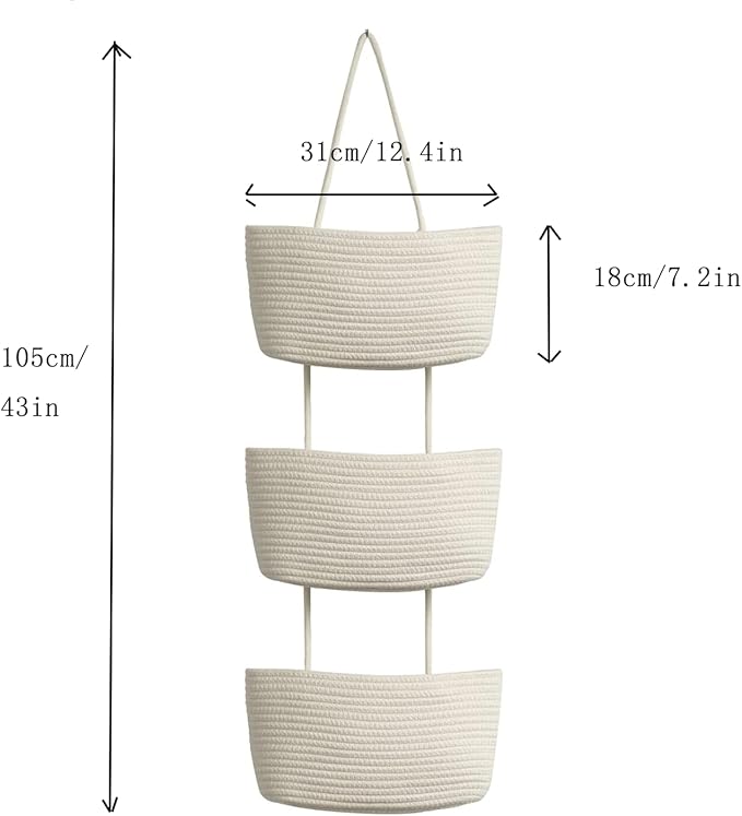 Hanging Baskets for Organizing,Bathroom Organizers and Storage,3-Tier Woven Cotton Wall-Mounted Storage Organizer Bag Decorative,Kitchen,Living Room,Bedroom