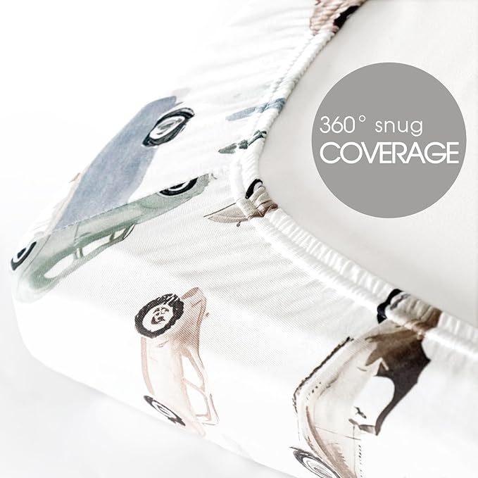 GRSSDER Pack n Play Sheets Fitted 2 Pack, Stretchy Ultra Soft Jersey Knit Pack and Play Sheets, Universal Fitted Portable/Mini Crib Mattresses Snug and Safe, Neutral Pattern of Cars Print