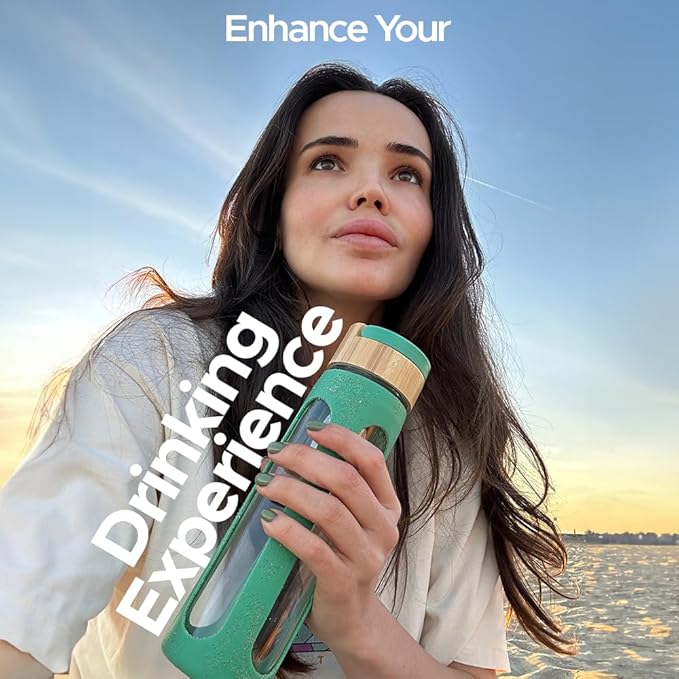 Glass Water Bottles with Stainless Steel Fruit Infuser | Insulated Water Bottle | Reusable Glass Water Bottles with Silicone Sleeve & Bamboo Lid | BPA Free and Leakproof | Sea Green | 1 Pc