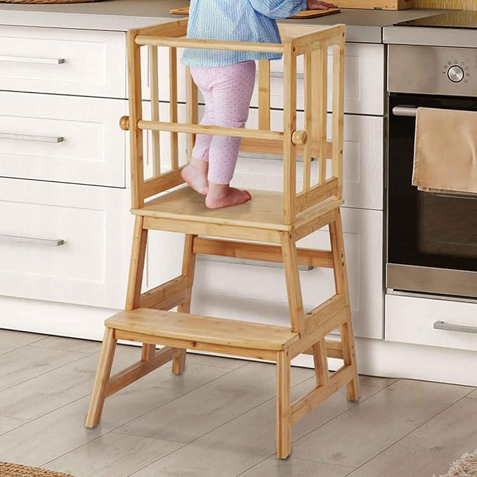 COSYLAND Kids Kitchen Step Stool,Toddler Standing Tower with CPC Certification, Removable Anti-Drop Railing Safety Rail Enjoys Unique Patented Design A Anti-tip Structure More Stable, Natural Bamboo