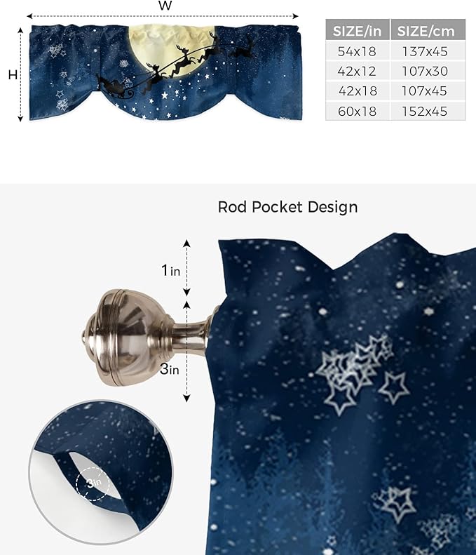 Christmas Blackout Tie Up Valance Curtains for Kitchen Windows Santa Claus Reindeer Window Toppers Balloon Shades for Living Room/Bathroom/Bedroom,1 Panel,54" X 18" Blue Snowy Night
