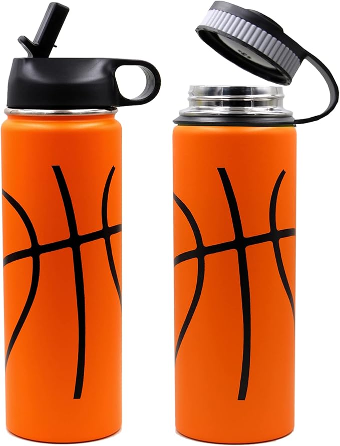 22 oz Basketball Water Bottle, Metal Thermo Bottle with 2 Lids 18/8 Stainless Steel Tumbler Double Wall Vacuum Insulated Flask for Gym, Travel, Sports (22oz, Basketball)