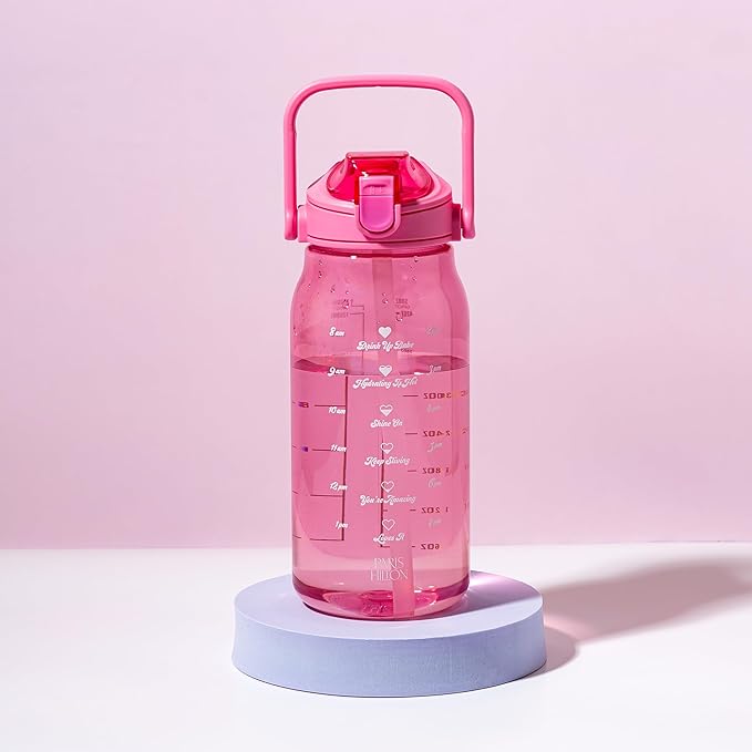 Paris Hilton Motivational Water Bottle with Straw and Leak-proof Flip-Top Lid, Motivational Time Markers, Carry Handle for Travel, Made without BPA, 50-Ounce, Pink