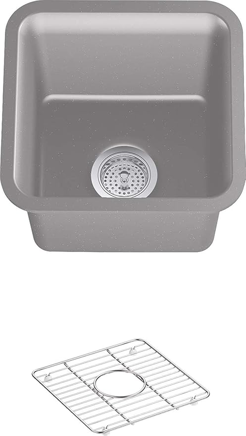 KOHLER K-8223-CM4 Cairn 15.5" Neoroc Composite Undermount Single-Bowl Bar Sink, Composite Bar Sink with Sink Rack, Matte Grey