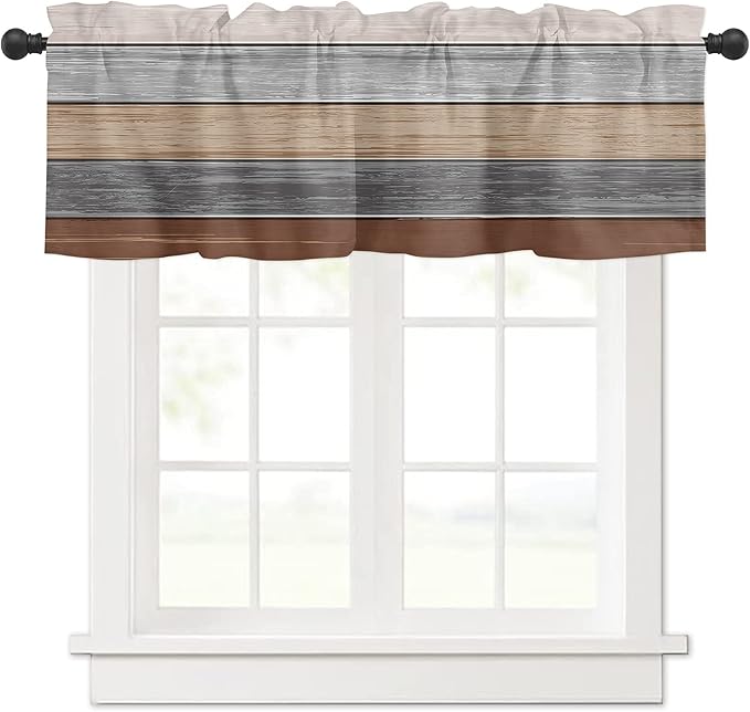Farmhouse Fall Kitchen Curtains Valances for Windows , Brown Grey Rod Pocket Country Window Treatment for Kitchen /Living Room/Bedroom/ Bathroom,42" X 18" -1 Panel, Retro Rustic Barn Wood Texture