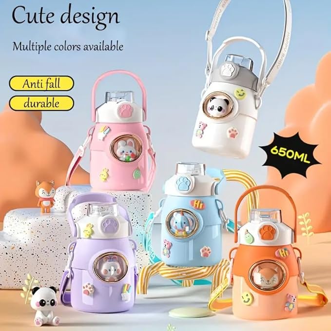 Cute Water Bottle with Strap and Straw 22oz Aesthetic Kawaii Water Bottles BPA-free Leak-proof Insulated Water Bottles for Girls Sports Travel(Pink)