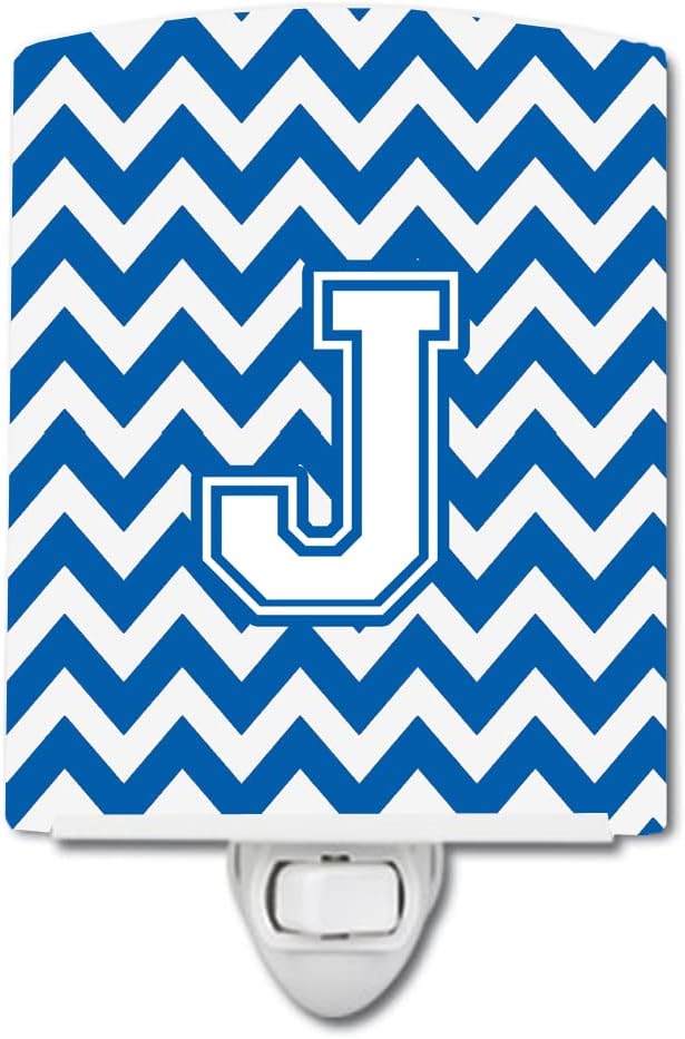 Caroline's Treasures CJ1045-JCNL Letter J Chevron Blue and White Ceramic Night Light Compact, UL-Certified, Ideal for Bedroom, Bathroom, Nursery, Hallway, Kitchen, 6x4x3, Multicolor