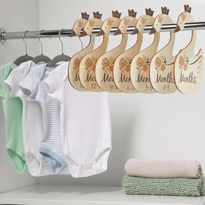 CRASPIRE 8Pcs Wooden Baby Wardrobe Dividers Swan Nursery Decor from Newborn to 24 Month Hanger Seperaters Baby Closet Organizers Nursery Infant Wardrobe Hangers Divider for Newborn Shower
