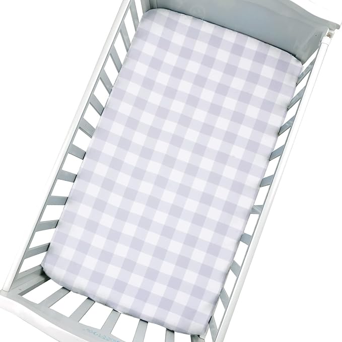 JISEN Baby Crib Sheet 1 Piece Portable Fitted Crib Sheet for Standard Crib and Toddler Mattresses Nursery Bed Decor for Boys Girls 28x52 Inch Grid Grey White