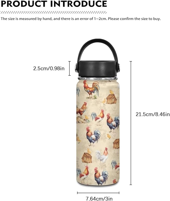 Chicken Insulated Water Bottles with Handle Stainless Steel Metal Water Bottle, Cold & Hot Water Bottle 18 Oz, Leak Proof Travel Cup