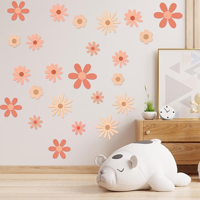 Daisy Wall Decals Flower Wall Stickers, Big Daisy Stickers Floral Decor Peel and Stick for Girls Kids Bedroom Nursery Playroom Living Room (Warm Color)