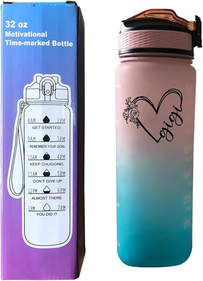 Gigi Rose Mug 32 OZ Drinking Water Bottle with Times to Drink and Straw, Motivational with Carrying Strap, Leakproof BPA & Toxic Free, Ensure You Drink Enough Water for Fitness Gym Outdoor