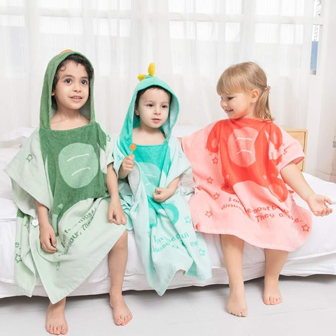 TONWHAR Kids Bath/Pool/Beach Hooded Poncho Towel-Cartoon Animal Pattern Cotton Beach Towel for Baby and Kids (Pink Dinosaur, 1-4 Years/Height:33.4"-43.3")