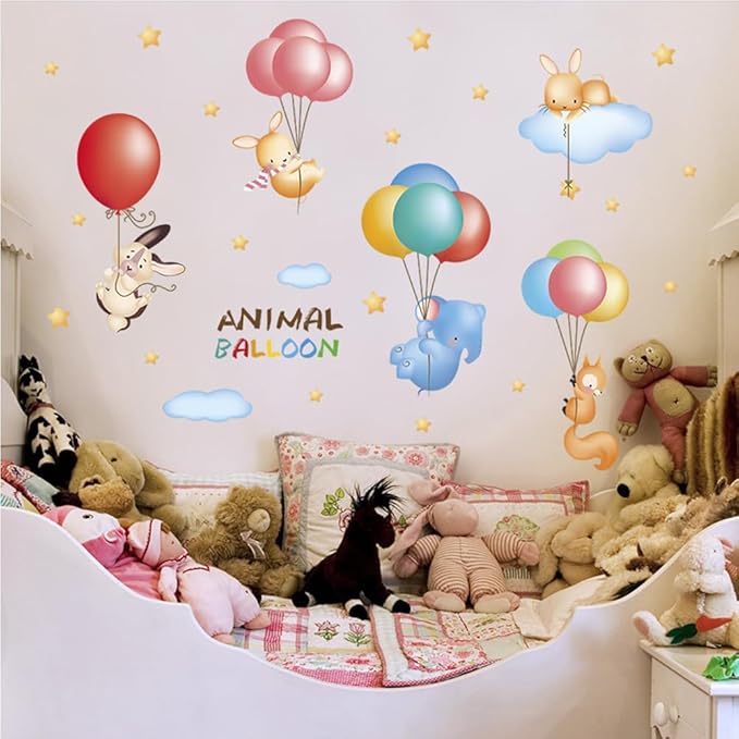 Animals with Balloons Nursery Decor Cute Jungle Animals Safari Balloons Wall Decals Bunny Elephant Fox Peel and Stick Baby Nursery Kids Bedroom Classroom Wall Decor