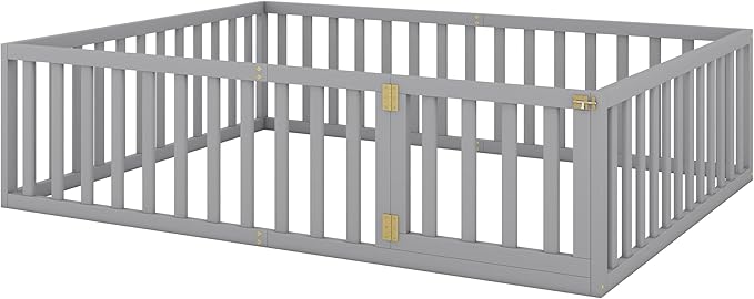 Queen Size Floor Bed with Fence, Solid Wood Floor Bed Frame for Kids with Door, Twin Platform Bed for Boys and Girls Kids Teens, Fun Design, for Children Bedroom