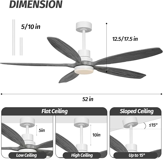 60" Ceiling Fan with Light and Remote,Reversible DC Motor,6Speed,Modern Natural Wood Ceiling Fan with Dimmable LED for Outdoor Patios Bedroom Living Room,Grey Walnut and White