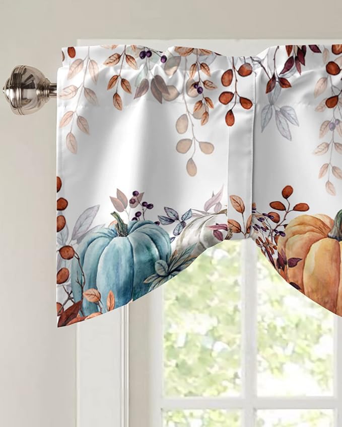 Fall Thanksgiving Blackout Tie Up Valance Curtains for Kitchen Windows Watercolor Autumn Pumpkins Eucalyptus Leaves Window Toppers Balloon Shades for Living Room/Bathroom/Bedroom,42" X 18",Blue Orange