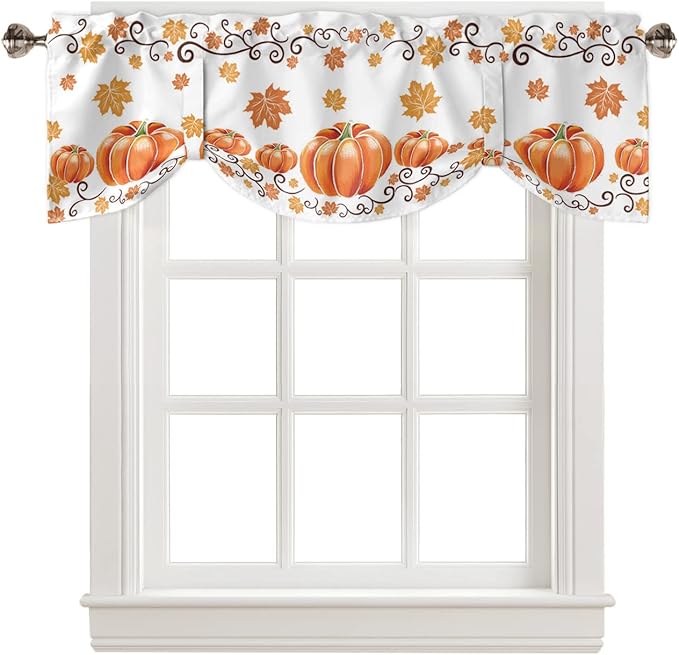 Fall Maple Leaves Blackout Tie Up Valance Curtains for Kitchen Windows Thanksgiving Watercolor Pumpkins Window Toppers Balloon Shades for Living Room/Bathroom/Bedroom,1 Panel,54" X 18" Orange