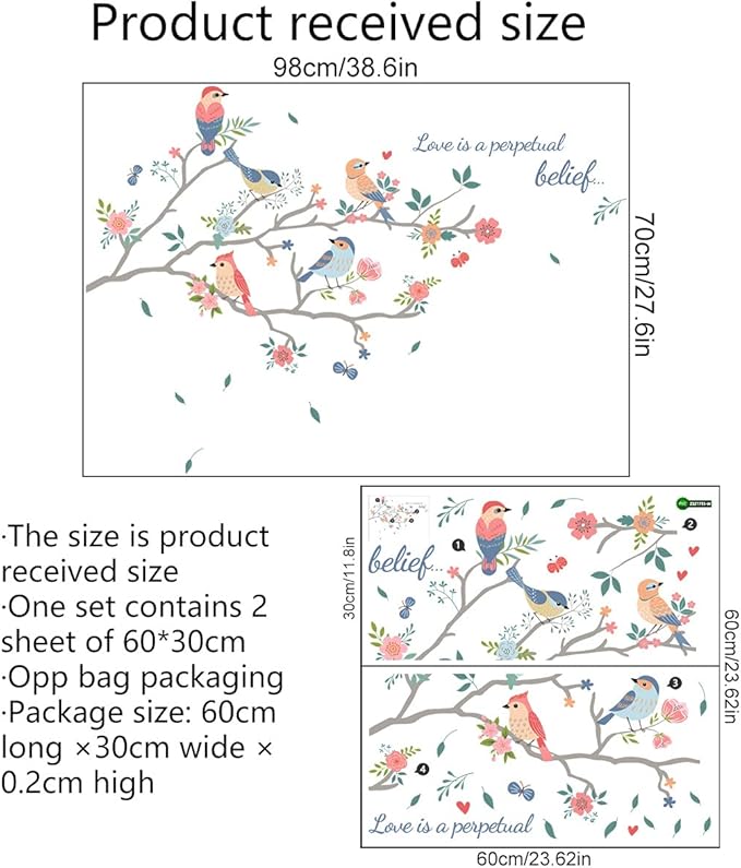 Cartoon Birds on The Tree Branch Wall Sticker Green Leaf and Flying Bird Wall Sticker DIY Art Vinyl Wall Decal Decoration for Garden Living Room Bedroom Kitchen Playroom Nursery Room