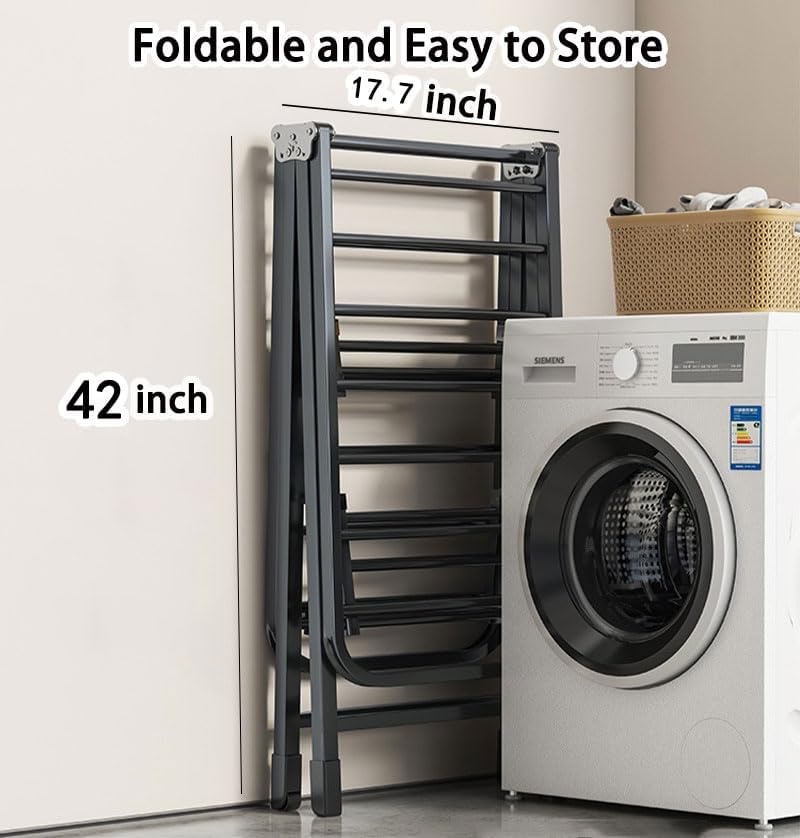 Mimiblack Heavy Duty Clothes Drying Rack Foldable with Wheels, 71'' Extra-Thick Metal Laundry Dryer Stand, 27 Rods Free-Standing for Indoor/Outdoor Windproof Use - Large Size