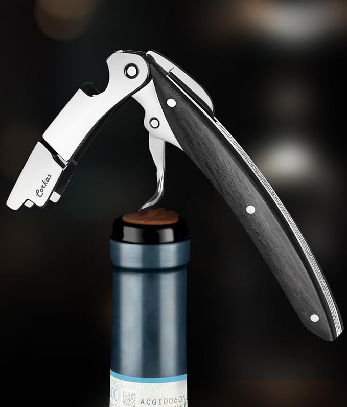 Wine Key - CORKAS Prestige Waiter Corkscrew with Ebony Handle, Handcrafted Wine Opener Manual with Double Hinged, Foil Cutter and Bottle Opener, Ideal Gifts for Sommelier, Bartenders, Servers