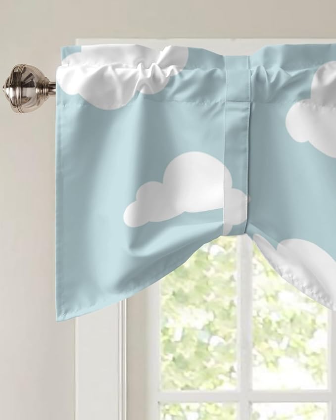 Kids Blackout Tie Up Valance Curtains for Kitchen Windows Blue White Cloud Cartoon Window Toppers Balloon Shades for Living Room/Bathroom/Bedroom,1 Panel,42" X 12"