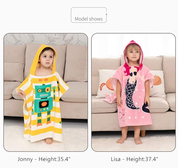 TONWHAR Kids Bath/Pool/Beach Hooded Poncho Towel-Cartoon Animal Pattern Cotton Beach Towel for Baby and Kids (Mermaid, 1-4 Years/Height:33.4"-43.3")