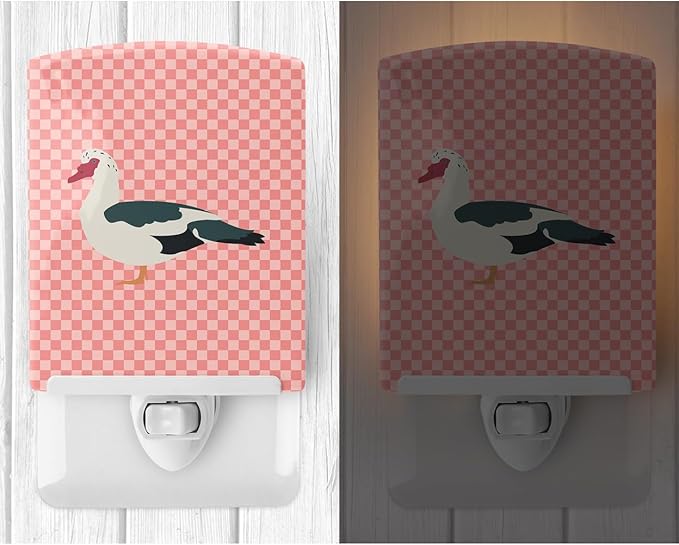 Caroline's Treasures BB7864CNL Muscovy Duck Pink Check Ceramic Night Light Compact, UL-Certified, Ideal for Bedroom, Bathroom, Nursery, Hallway, Kitchen, 6x4x3, Multicolor
