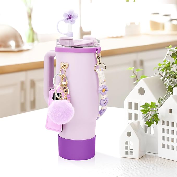 Stanley Cup Accessories Set Including 1 Pcs Water Bottle Handle Strap, 1 Pcs Siliocne Straw Cover, 1 Pcs Siliocne Stanley Cup Boot, 3 Pcs Stanley Charms for Stanley Cup 40oz & 30oz Tumbler - Purple