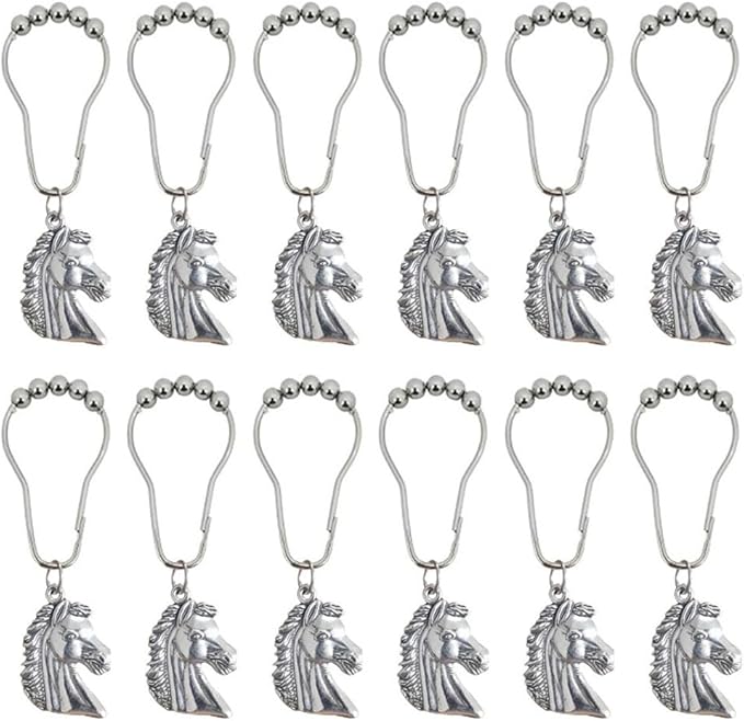 Horse Shower Curtain Hooks for Bathroom, Rustproof Stainless Steel Decorative Shower Curtain Rings with Zinc Alloy Horse Head Shaped Pendant Western Bathroom Decor 12PCS
