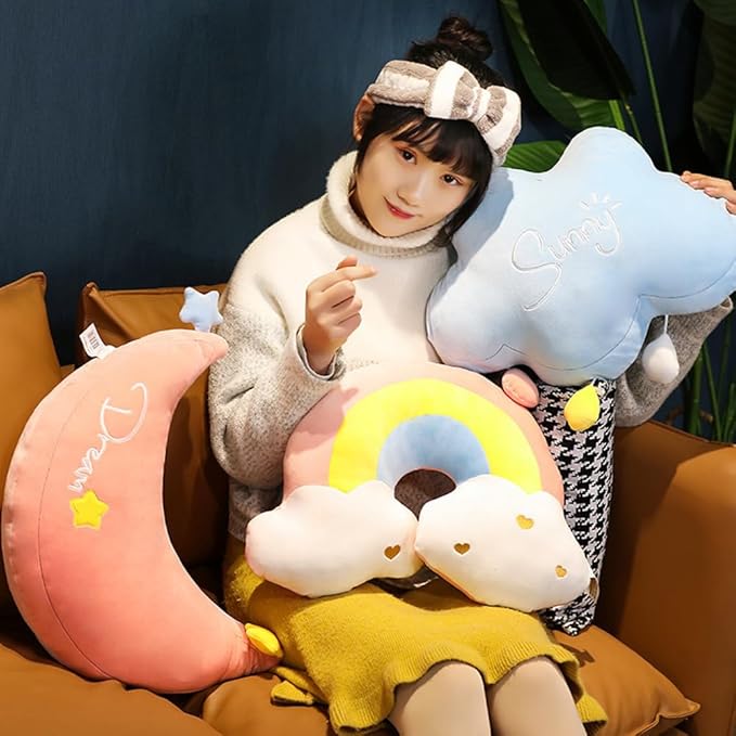 Moon Rainbow Cloud Pillow Cushion, Soft Plush Cloud Shaped Pillow Stuffed Rainbow and Moon Nursery Decor,Bedside Sofa Sleeping Pillow, Kids Cute Candy Color Cushion (Moon)