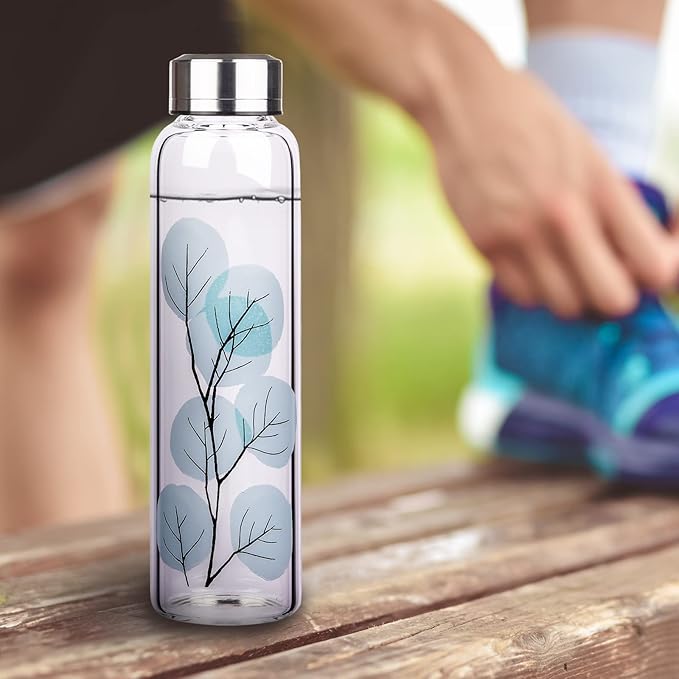 Borosilicate Glass Water Bottle, Sports Glass Drinking Bottle with Neoprene Sleeve and Stainless Steel Lid 16oz / 32oz (16oz, Blue Leaves)