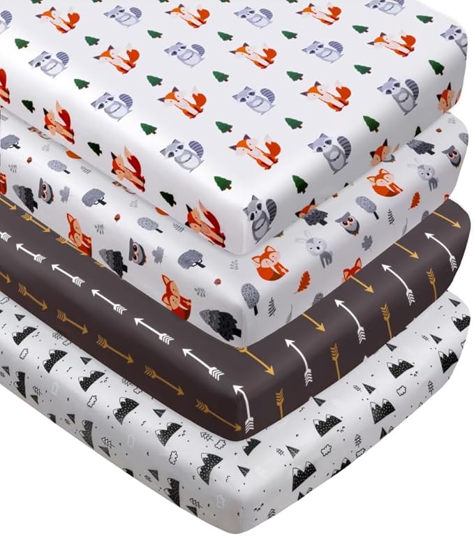 4 Pack Woodland Forest Animals Wood Neutral Unisex Fitted Baby Crib Sheets Set for Baby Boys or Girls Fox