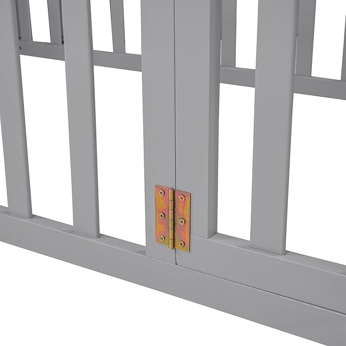 Twin Size Floor Bedframe with Door and Safety Guardrails Fence, Solid Wooden Toddler Montessori Platform Bed for Children Bedroom, Boys Girls, Kids Playroom