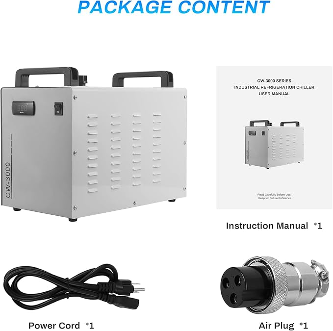 Industrial Water Chiller, CW-3000 Industrial Thermolysis Type Water Chiller, 6L Capacity 2.6gpm Water Cooling System for 40W-80W CO2 Laser Engraving & Cutting Machines, 50W / ℃