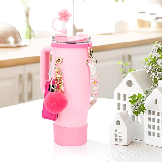 Stanley Cup Accessories Set Including 1 Pcs Water Bottle Handle Strap, 1 Pcs Siliocne Straw Cover, 1 Pcs Siliocne Stanley Cup Boot, 3 Pcs Stanley Charms for Stanley Cup 40oz & 30oz Tumbler - Pink