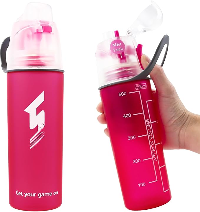 Misting Water Bottle, Spray Mist Sports Bottle for Outdoor Sport Hydration and Cooling Down, BPA-Free Misting Water Bottle with Unique Mist Lock Design (Red-18oz)