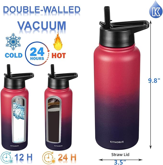 Water Bottle Insulated 32oz Straw Lid, Leak Proof, Vacuum Insulated,Stainless Steel Water Bottle Wide Mouth for Sports, Gym, BPA-Free Keep Cold 24H Hot 12H (Red Purple)