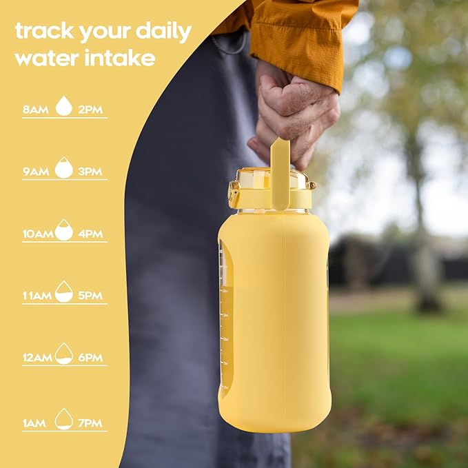 74 oz Glass Water Bolttles with Straw Large Motivational Water Bottle with Time Marker Sports Water Bottles with Silicone Sleeve and Handle Lid 2.2L Water Jug for Gym Workout