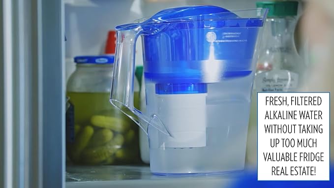 New Wave Enviro Alkaline Plus Water Filter Pitcher with Lead Removal, BPA Free Fridge Friendly Design, 64 Gallon Filter Life, 3.5 Liter Capacity with Integrated Handle, Blue