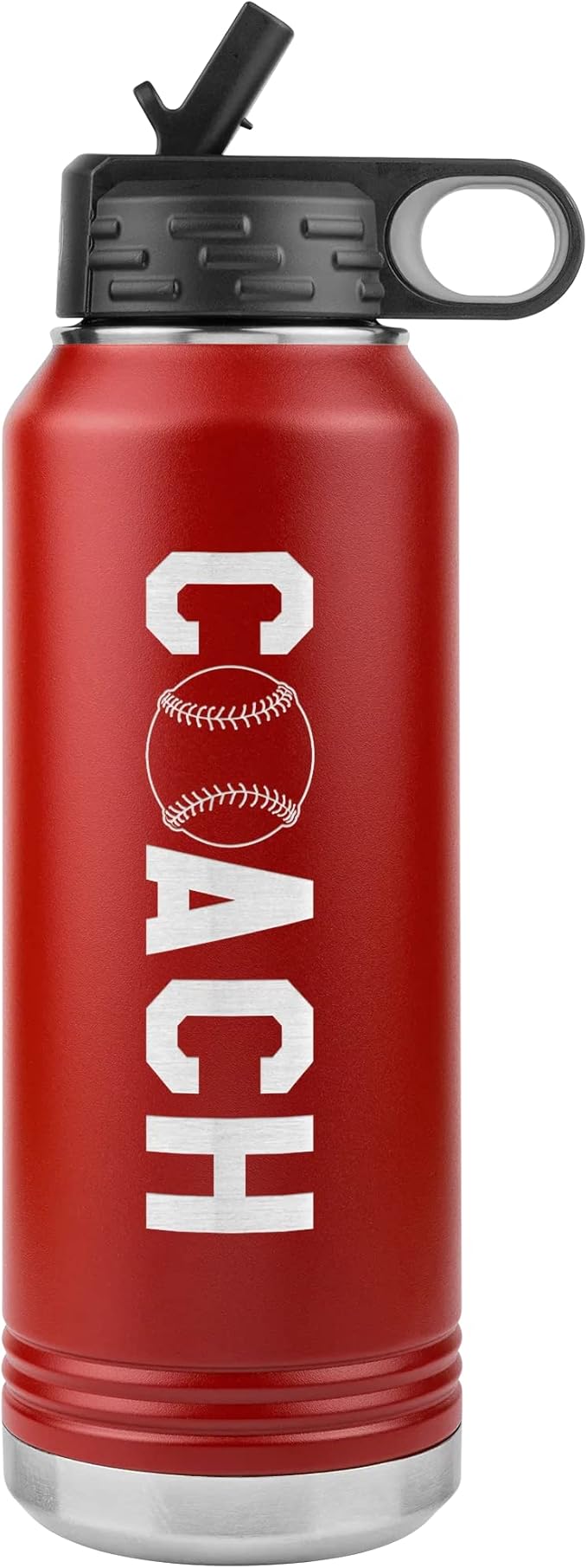 Baseball Coach Water Bottle - 32oz Insulated Engraved Stainless Steel Flip Top with Straw Baseball Coach Gift Red