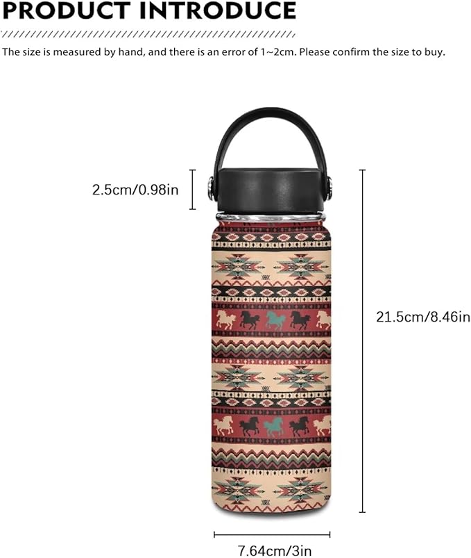 Aztec Horse Insulated Water Bottle 20 Oz for Hot Drink Wide Mouth Water Jug for Fitness, Gym and Outdoor Sports, Leak-proof