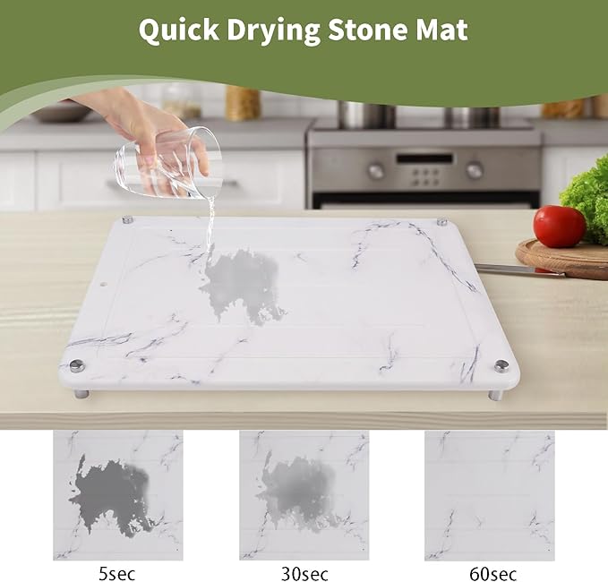 Stone Drying Mat For Kitchen Counter,Coffee Mat,Ultra Absorbent, Fast Dry, Non-Slip, Heat Resistant Drying Stone For Counter(15.8x11.8 inch,White Marble)