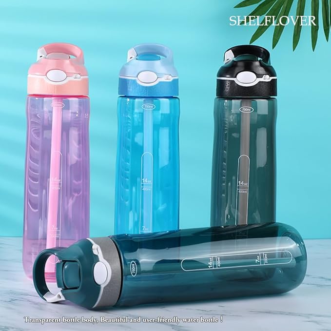 SHELFLOVER Light Blue Water Bottle With Narrow Straw, BPA FREE Clear Bottles With Handle One Hand Use Easy Carried, Flip Up, Suit School, Office, Gym, Office, 24oz (750ml), SLWB24OLB