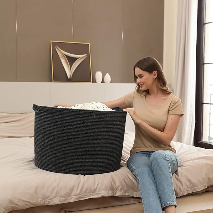 24" x 24" x 17" Max Size Large Cotton Rope Basket, Extra Large Storage Basket, Woven Laundry Hamper, Cloth Storage Bin, for Blankets Clothes Towels Pillows in Living Room, All Black Grey Mix