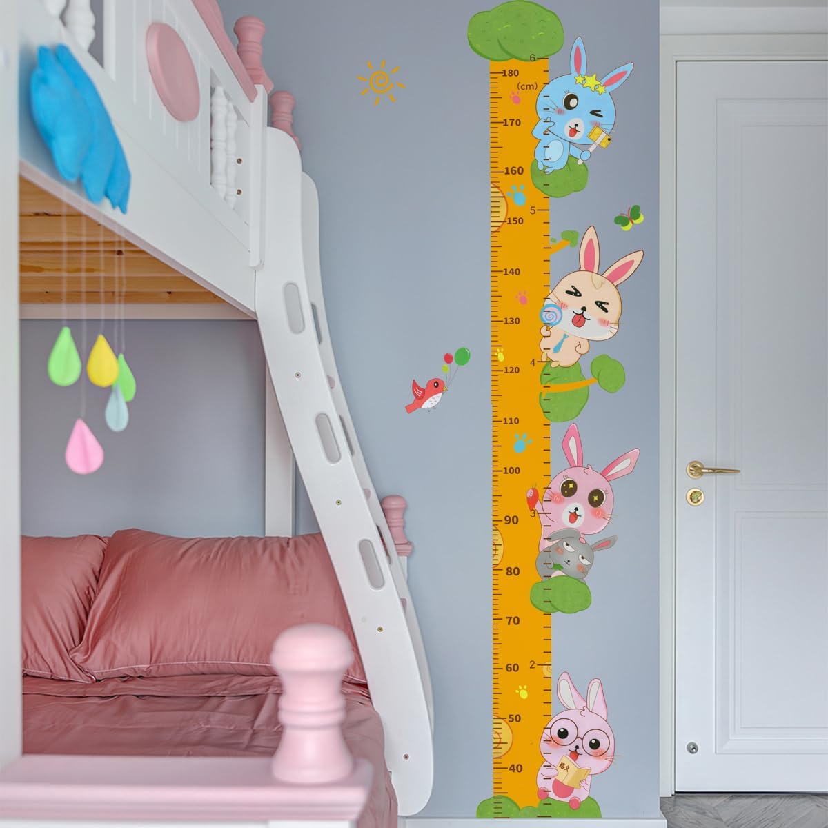 Cute Rabbits Self-adheve Vinyl Nursery Wall Decal Baby Growth Chart Sticker for Bedroom Play Room