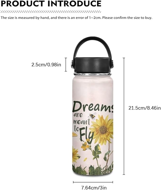 Sunflower Water Bottle 18 Oz Insulated Water Bottles with Handle Flask Wide Mouth Bottle Vacuum Stainless Steel Metal Water Bottle for Sports, Gym, Office