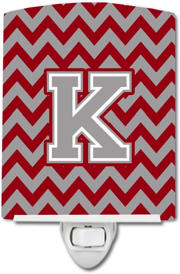 Caroline's Treasures CJ1043-KCNL Letter K Chevron Crimson and Grey Ceramic Night Light Compact, UL-Certified, Ideal for Bedroom, Bathroom, Nursery, Hallway, Kitchen, 6x4x3, Multicolor