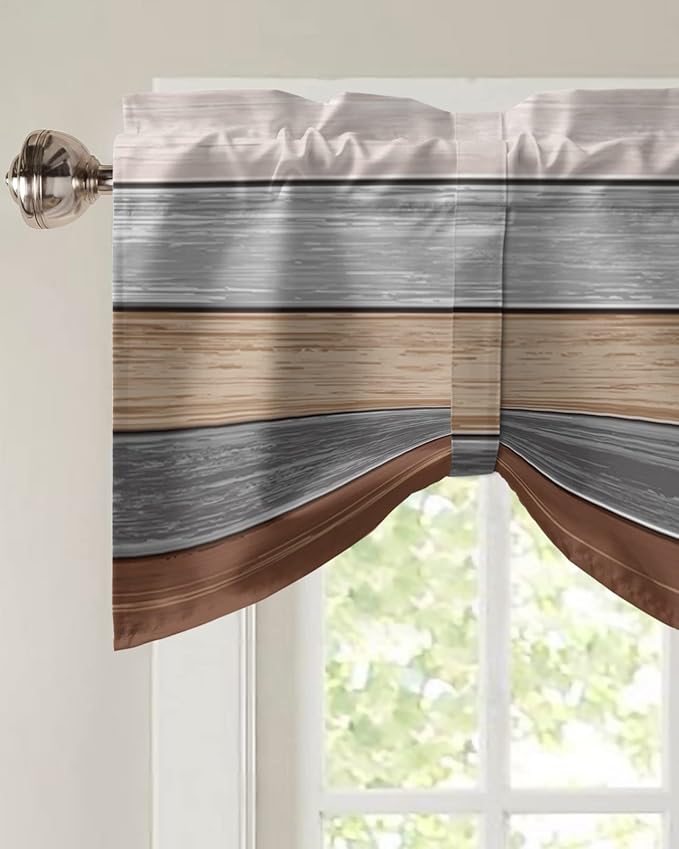 Farmhouse Fall Blackout Tie Up Valance Curtains for Kitchen Windows, Brown Grey Window Toppers Balloon Shades for Living Room/Bathroom/Bedroom,1 Panel,42" X 12" Retro Rustic Barn Wood Texture